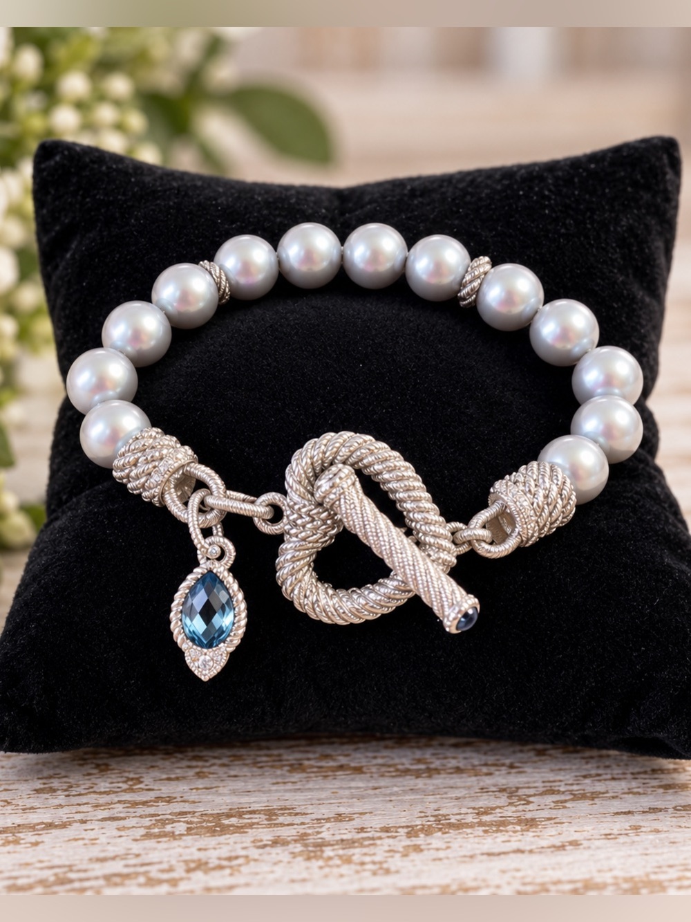 Judith Ripka Sterling Silver Gray Pearl Blue Gemstone CZ Toggle Bracelet